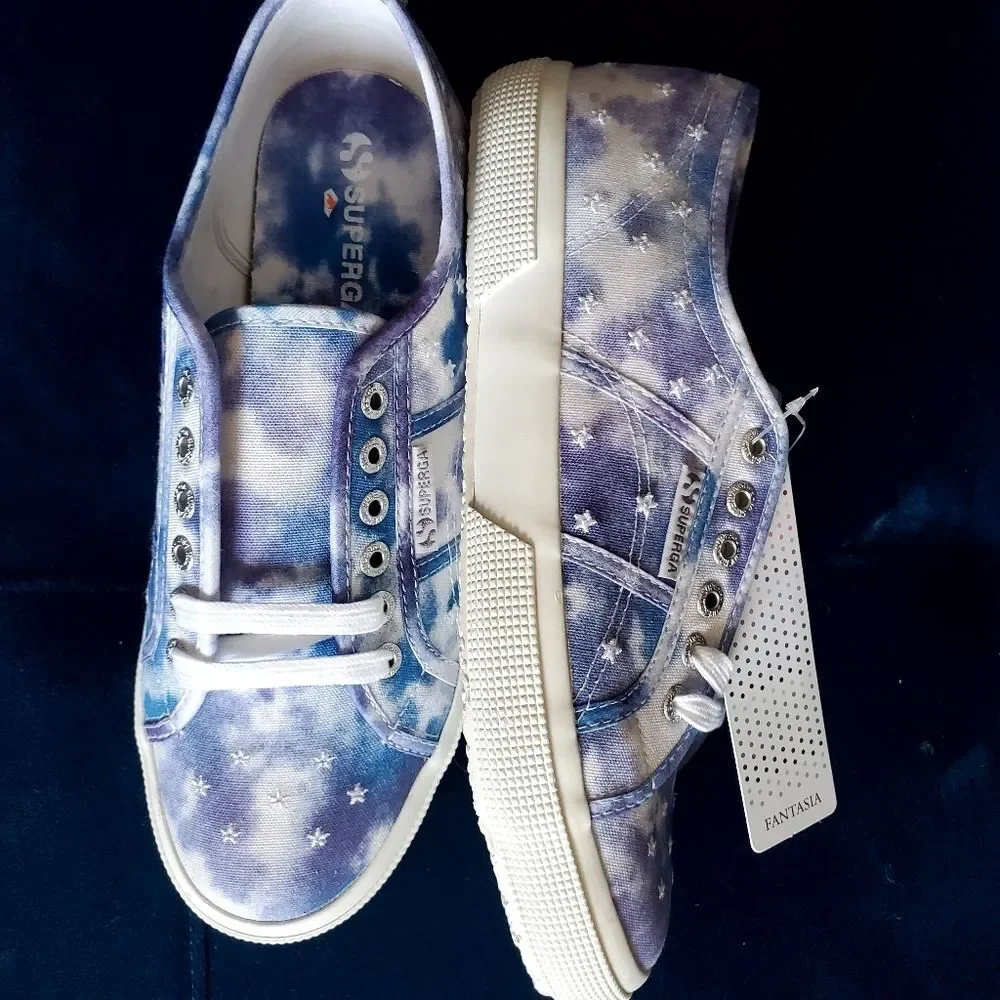 Superga White Embroidery Stars Blue Tie-dye Sneakers Size 10